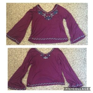 Embroidered purple bell sleeve crop top